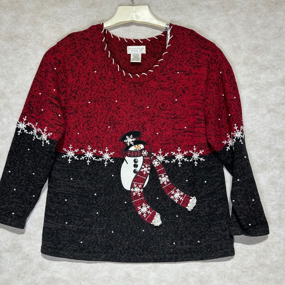 Mandal Bay Womens XXL Red Black Snowman Snowflake Beaded Knit Holiday Sweater